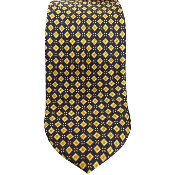 Dolcepunta Mens Navy Gold Geometric Print Silk Tie Handmade Italy Quiet Luxury - Picture 1 of 4